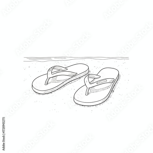 Detailed line art illustration of a classic pair of flip-flops resting on sandy ground, evoking a sense of summer holidays and tranquil beach getaways