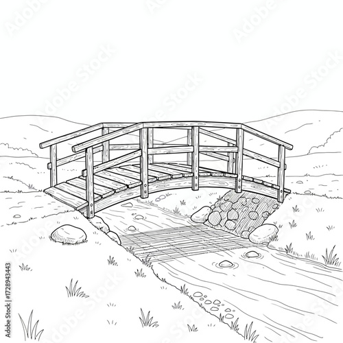 Charming wooden bridge spanning a winding stream in a serene natural landscape, with rolling hills in the background, ideal for a tranquil coloring book scene or a peaceful outdoor illustration