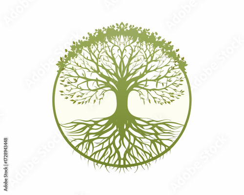 Stylized green tree of life with intricate roots and branches inside a circle
