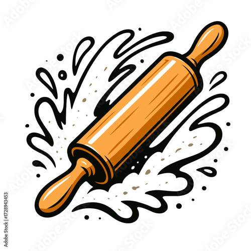 Cartoon rolling pin splashing in flour in bold retro style with warm tones for baking, pastry, and kitchen humor concepts