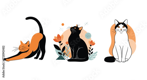 A captivating collection of three distinct feline companions displayed in charming artistic renditions.