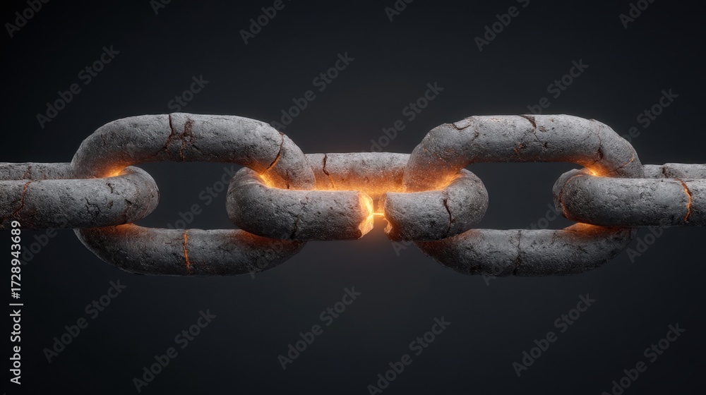 Fototapeta premium Broken Chain Links with Glowing Cracks Symbolizing Weakness and Failure in Connection, Strong Visual Metaphor for Fragility and Breakage in Relationships
