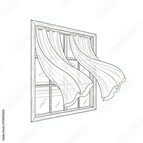Detailed line art of window curtains gracefully billowing inwards, animated by a refreshing breeze, creating a serene and airy atmosphere within a domestic setting