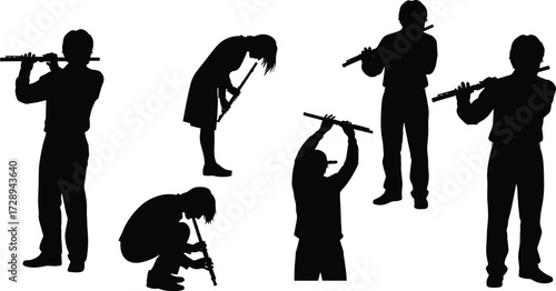 Flute player silhouette, musician performing, traditional music art, cultural performance, black figure playing flute, artistic posture, instrumental harmony, creative expression