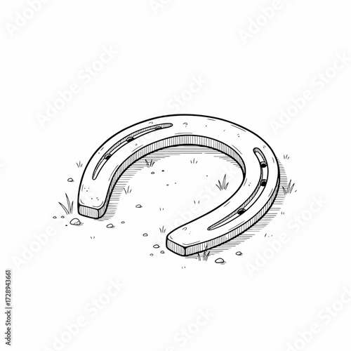 Simple yet powerful line art depicting a single horseshoe on the ground, a timeless symbol of luck and the enduring spirit of equestrian heritage, rendered with clean, artistic strokes