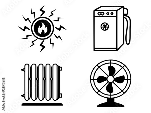 Grid of Household Appliance Icons
A set of four evenly spaced vector icons in black: radiator with heat, air conditioner with cool air, boiler with flame mark, and pedestal fan. Simple, sharp, no shad