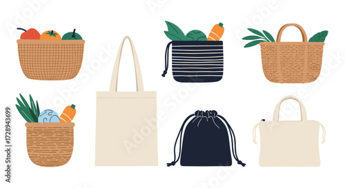 Various reusable bags and baskets filled with fresh produce for sustainable shopping.