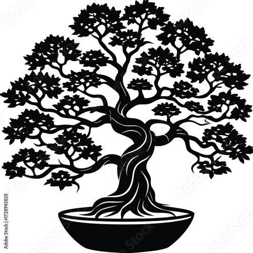 Stylized minimalist bonsai tree silhouette a single elegant plant with a curved trunk and branches perfect for nature and zen themed designs