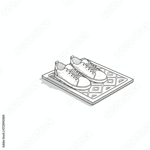 A pair of clean, casual sneakers neatly placed on a textured doormat, embodying the concept of a well-maintained home entrance, personal readiness, and the comfort of daily life