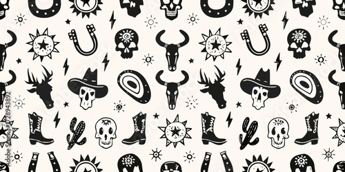 Whimsical western pattern featuring skulls boots cacti and bull skulls