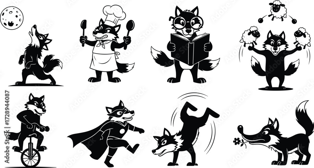 Fototapeta premium Funny fox cartoon silhouettes, chef costume, superhero, juggling sheep, unicycle, reading book, handstand, howling at moon, whimsical animal character illustration