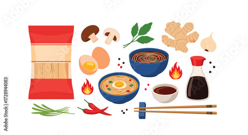 Delicious Asian noodle dishes with fresh ingredients and spices for cooking Asian food.