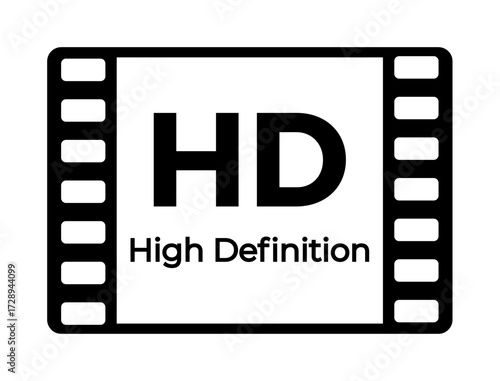 Hd film icon: high definition video and movie symbol in black and white.