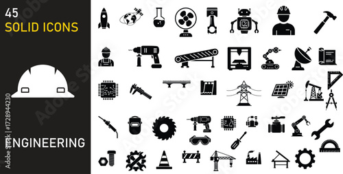 Collection of 45 Solid Engineering Icons for Construction, Technology, and Industrial Design