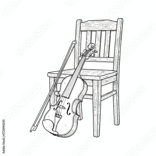 Monochrome line art illustration of a classical string instrument, a violin, with its bow resting casually against a traditional wooden chair, depicting a scene of musical pause or practice