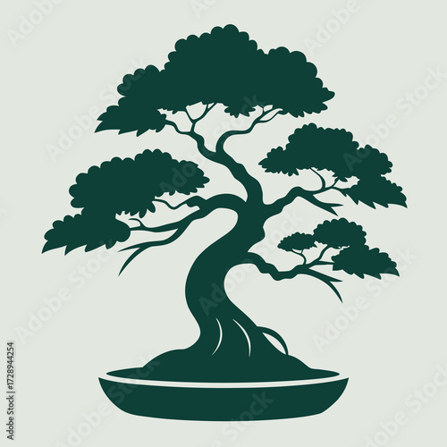 Stylized bonsai tree silhouette with intricate branches and a minimalist aesthetic
