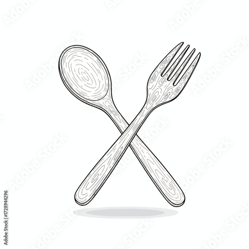 Stylized cross-hatched illustration of wooden dining utensils, a spoon and fork, symbolizing essential kitchenware, culinary arts, and meal preparation on an isolated white background