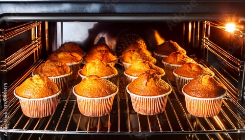 freshly baked golden muffins in oven