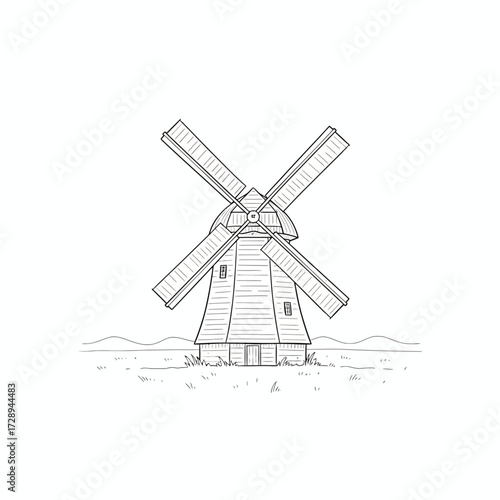 Monochrome line art drawing of a rustic, traditional windmill with classic four-bladed design, standing proudly in a simple landscape, evoking a sense of historical charm and sustainable power