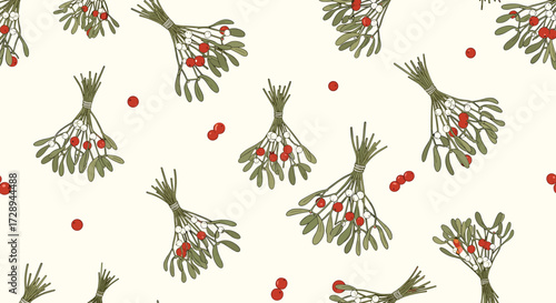 A festive pattern of delicate mistletoe bunches tied with twine and scattered red berries on a cream background.