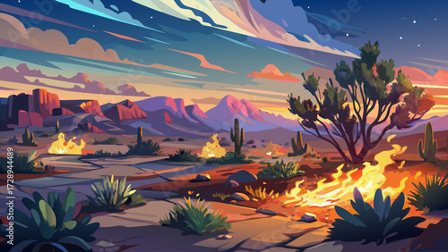 In impressionist style, a gouache painting of a desert at dusk depicts bush on fire, expressive painterly brushstrokes blending with colorful pastel shades, evoking dramatic atmosphere and beauty.