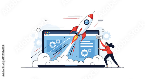 Visualizing the exciting launch of a new project and business growth concept with a rocket ascending from a laptop screen symbolizing digital innovation and success.