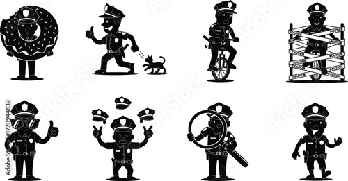 Funny police officer cartoon silhouettes, donut costume, magnifying glass, bicycle, dog, barricade, sunglasses, peace sign, humorous law enforcement illustration