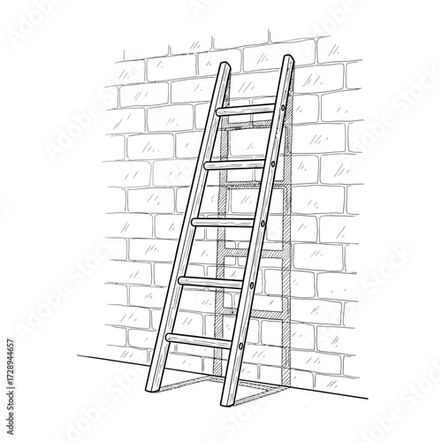 Hand-drawn sketch of a sturdy wooden ladder against a textured brick wall, embodying ascent, progress, and essential tools for construction and home improvement projects