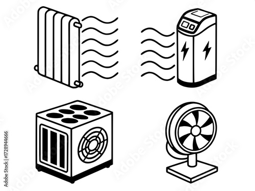Black and White Vector Symbols
Minimal vector artwork featuring four appliance icons: radiator emitting waves, AC blowing currents, water heater with fire emblem, and vertical fan. Arranged symmetrica