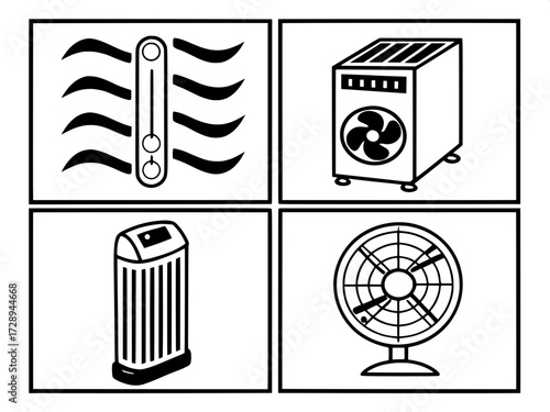 Black and White Vector Symbols
Minimal vector artwork featuring four appliance icons: radiator emitting waves, AC blowing currents, water heater with fire emblem, and vertical fan. Arranged symmetrica