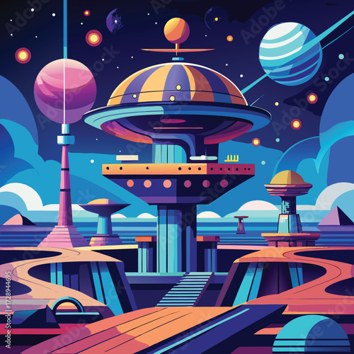Abstract futuristic space station architecture with geometric shapes and vibrant colors