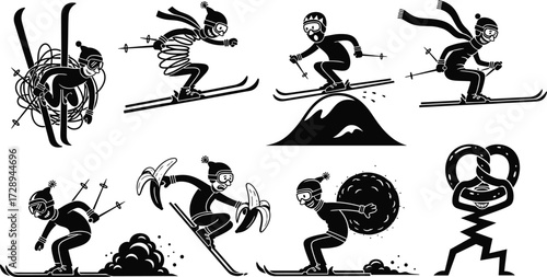 Funny skiing cartoon illustration, comical skier accidents, winter sports humor, extreme ski stunts, snow adventure parody, playful alpine mountain artwork