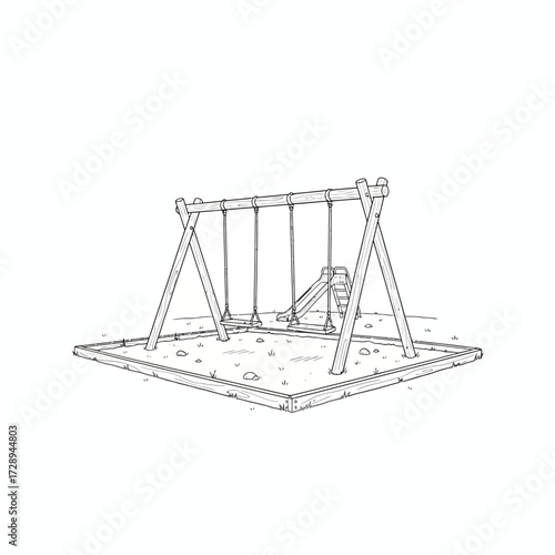 Simple line art illustration of an outdoor playground featuring a classic wooden swing set and a slide, capturing the essence of childhood fun and recreation in a park