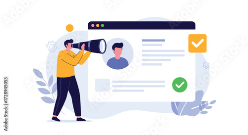Man with telescope looking at online profile and job search results.