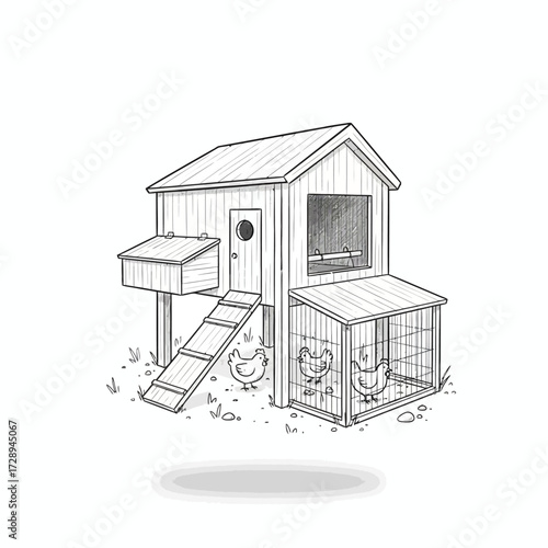 A delightful illustration of a classic wooden chicken coop with chickens enjoying their outdoor enclosure and nesting box, perfect for farm or rural themes