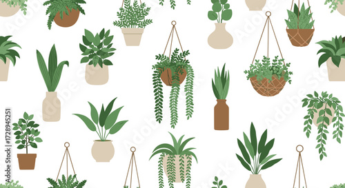 A delightful collection of various potted plants and hanging baskets displayed in a repeating pattern.