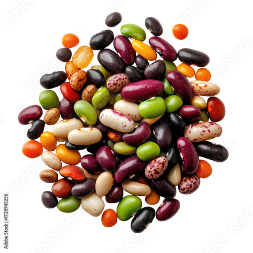 Heap of mixed dried beans and lentils isolated on transparent background