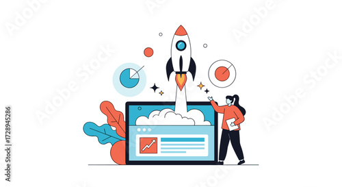 Illustration of a successful business launch with a rocket taking off into the sky from a laptop screen with charts and graphs on it symbolizing growth and progress.
