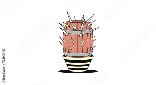 A spiked wooden barrel is balanced precariously on a striped base.