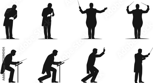 Orchestra conductor silhouette, maestro with baton, classical music director poses, symphony leader gestures, formal attire, conducting performance, music illustration
