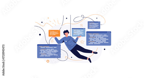Programming and data flow illustration with a man interacting with code windows and abstract shapes.