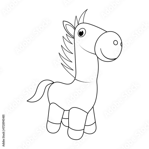 Cute Cartoon Horse Outline Vector Illustration. The image features a cheerful horse with a big round snout, large expressive eye, spiky mane and a curved tail.