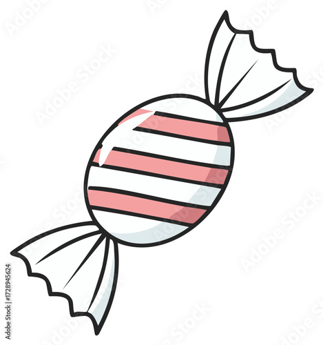 Wrapped candy with pink stripes and twisty wrapper ends, sweet treat illustration, confectionery design element for holiday designs