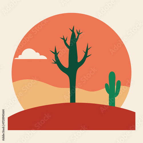 Minimalist desert landscape featuring a solitary cactus and a distant tree silhouette under a clear sky