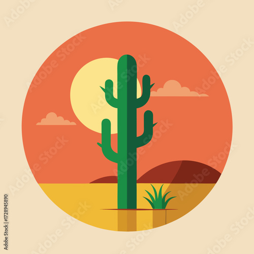 Minimalist desert landscape featuring a solitary cactus and a distant tree silhouette against a vibrant sky