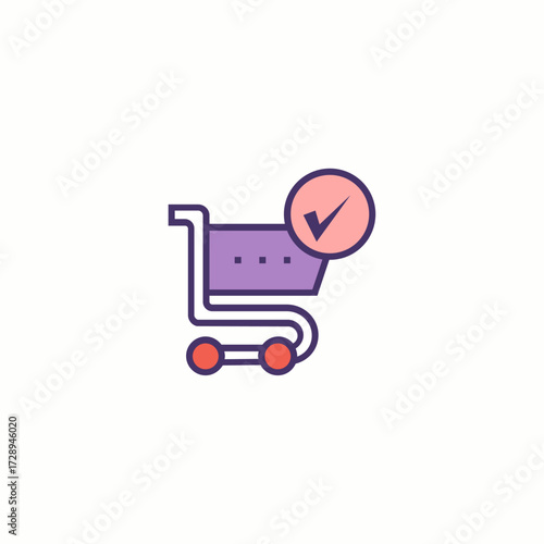A flat ecommerce icon of a shopping cart with a checkmark, symbolizing order completion, checkout, or successful purchase.