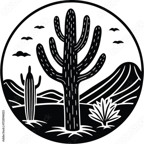 Minimalist desert landscape featuring a solitary cactus and a distant tree silhouette perfect for nature themed designs