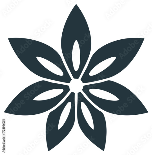 Dark floral design, abstract flower graphic element with six petals and a circular center.