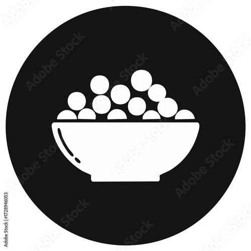 White bowl filled with white spheres against a black circular background minimalist illustration