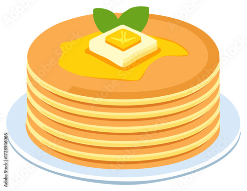 Stack of Pancakes with Butter and Syrup Topped with Leaf Illustration